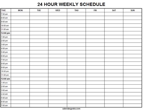 Printable Hourly Schedule Template - 24 Hours Planner Blank Templates