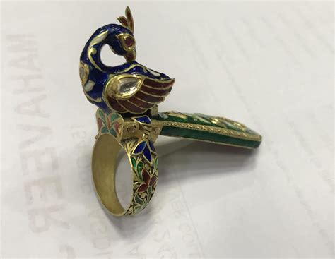 Vintage 22K Gold Diamond Enamel Mughal Jewelry Royal Peacock design Cocktail Ring Fine ...