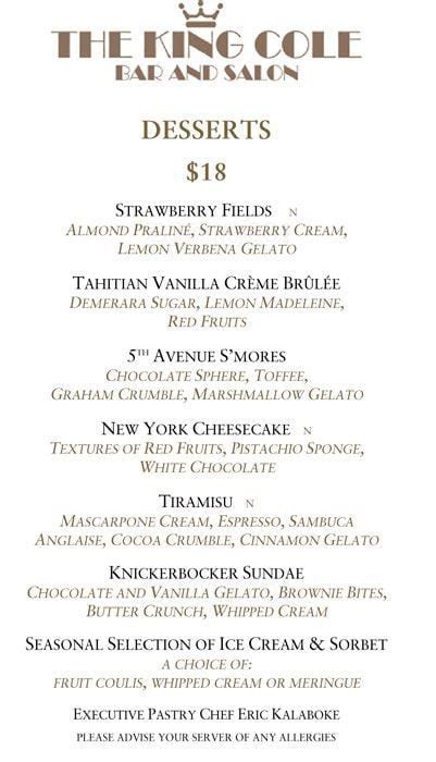 Menu at King Cole Bar, New York City, Two E 55th St