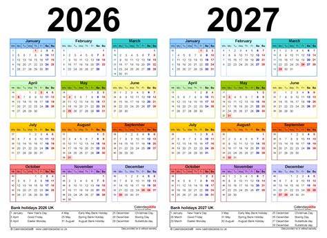 Two year calendars for 2026 and 2027 (UK) for PDF