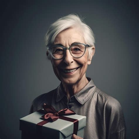 Premium AI Image | An older woman holding a gift box with a red ribbon on it