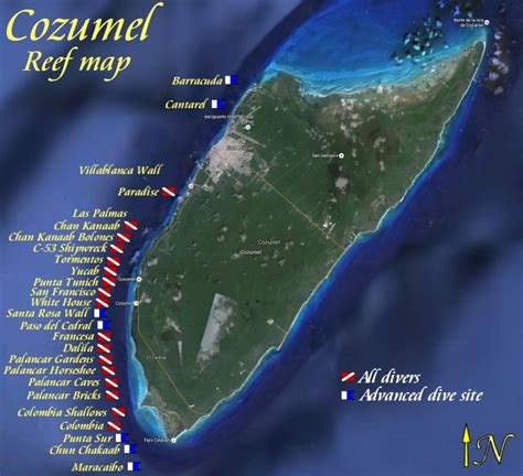 Satellite map of Cozumel with dive sites labeled