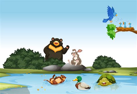 Animals in river and on rock 669130 Vector Art at Vecteezy