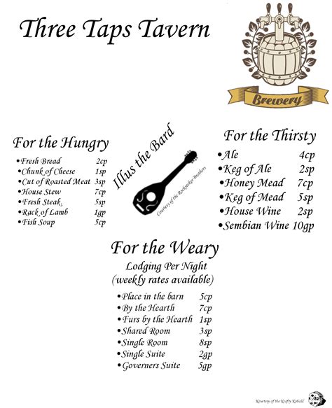 [oc] A tavern menu i made, feel free to print and use for your players ...