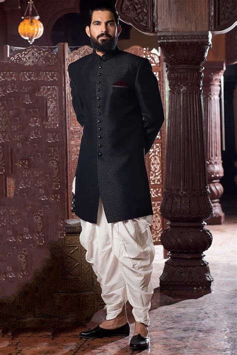 Samyakk Black Silk Solid Jodhpuri Sherwani | Groom dress men, Indian groom wear, Indian men fashion