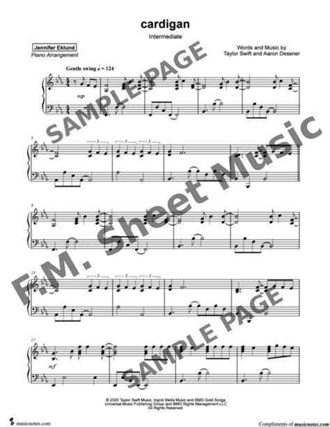 Cardigan (Intermediate Piano) By Taylor Swift - F.M. Sheet Music - Pop Arrangements by Jennifer ...