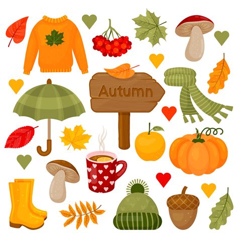 Autumn color collection. Clipart set with autumn leaves, pumpkin, acorn, sweater, hat, scarf ...