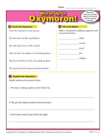 Printables. Oxymoron Worksheet. Tempojs Thousands of Printable Activities