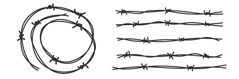 Barbed wire circle and line view set. Fence barbwire, border chain silhouette. War barb. Vector ...