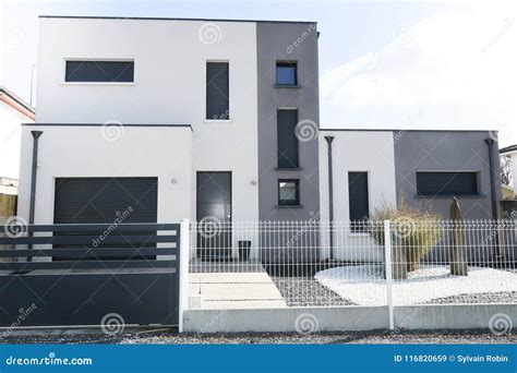 House Exterior with Entrance Door and Garage Stock Image - Image of ...