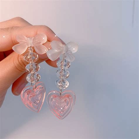 Pink Heart Earrings / Y2K Fairy Pink Heart Crystal Bowknot - Etsy