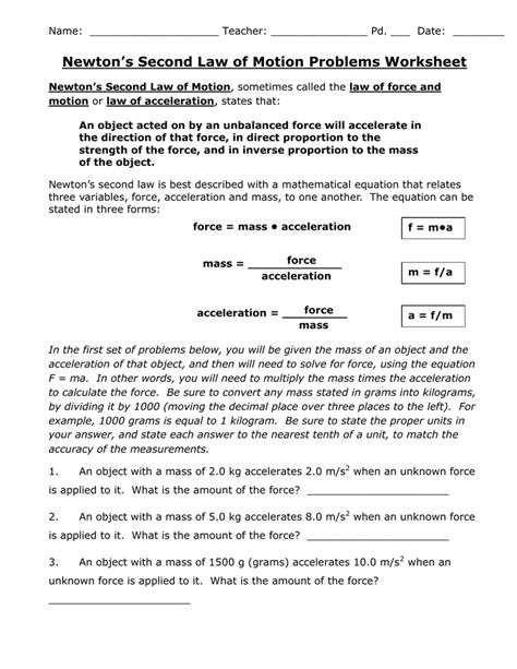 Newton S Second Law Of Motion Problems Worksheet Answer Key ...