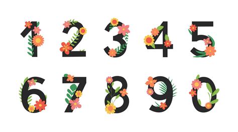 Floral numbers. Digit set with flowers, leaves and branches. Colorful font. Vector flat ...