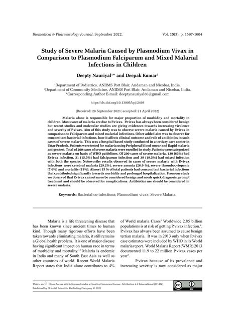 (PDF) Study of Severe Malaria Caused by Plasmodium Vivax in Comparison ...