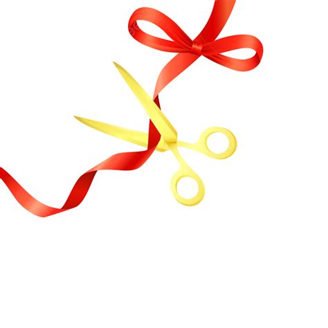 Golden Scissors Cutting Open Ceremony Red Silk Ribbon On Transparent ...