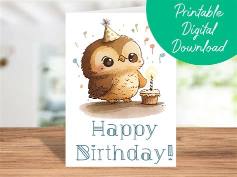 Owl Birthday Card Instant Download, Kids Birthday Card, Owl Printable ...