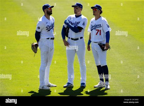 Los Angeles Dodgers outfielders Joey Gallo (12), Trayce Thompson (25 ...