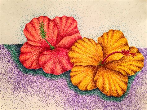 Hibiscuses done in marker- stippling (it's all dots!!!) | Painting tutorial abstract, Pointalism ...