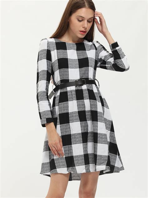 Black White Woven Round Neck Plaid Flare Dress -SheIn(Sheinside) | Dresses, Flare dress, Plaid dress