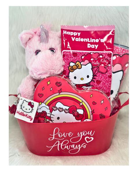 Valentine Inspired Hello Kitty Gift Basket, Skinny Tumbler Cup, Keychain, Candy, Stuffed Animal ...