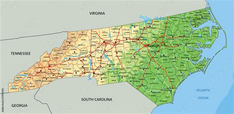 High detailed North Carolina physical map with labeling. Stock Vector ...