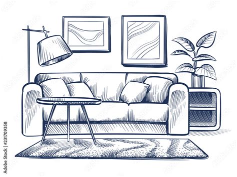 Sketch living room. Doodle house interior with couch, lamp and picture ...