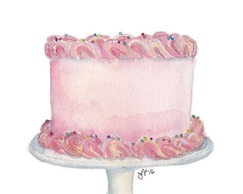 Pink Cake Still Life Watercolor Painting - Classic Birthday Cake Food Illustration Watercolor ...