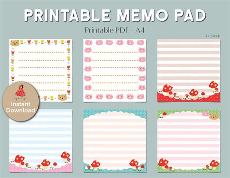 6 Cute memo pad printable memo sheet flowers and mushrooms | Etsy