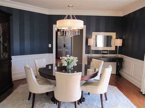 Navy, brown and off white contemporary dining room | Dining room accents, Striped walls living ...