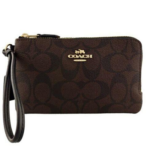 NWT COACH Double Corner Zip Wristlet Signature Wallet Brown Black Gold ...