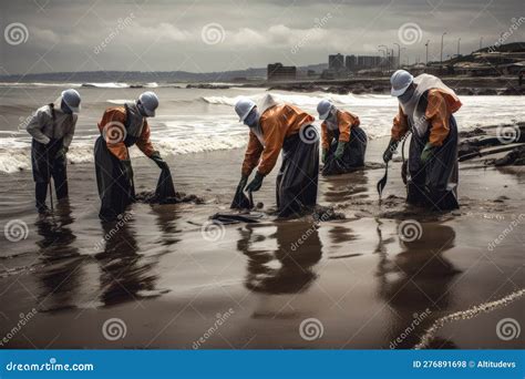 Oil Spill Cleanup Crew Working On The Shore, Cleaning Up After A Marine ...