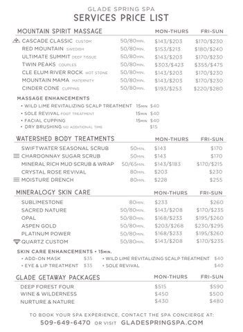 Glade Spring Spa, Services Price List by Suncadia Resort - Issuu