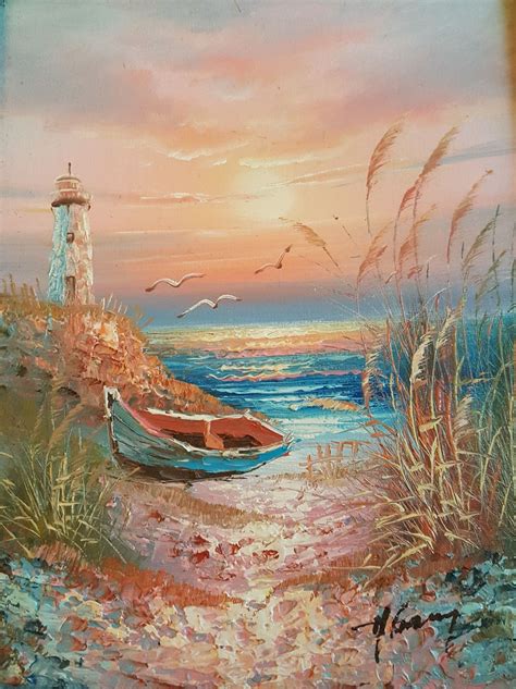 Nice #beach, #ocean, #boat and #lighthouse #painting | Ocean landscape painting, Ocean painting ...