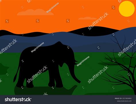 Elephant Silhouette On Landscape Background Flat Stock Vector (Royalty ...