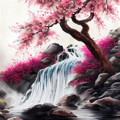 Premium Photo | Watercolor cherry blossom sakura tree with pink flowers and waterfall landscape ...