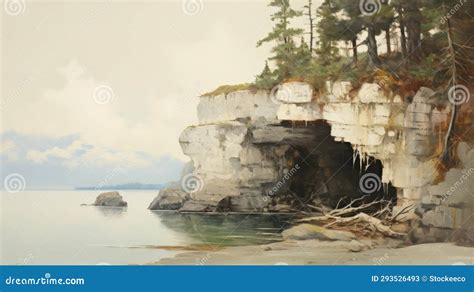 Vintage Oil Painting of Isolated Rocky Cliff on Shore Stock Illustration - Illustration of body ...