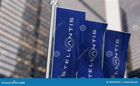 Tres Banderas Verticales Azules Con El Logo Stellantis Ondeando En El ...