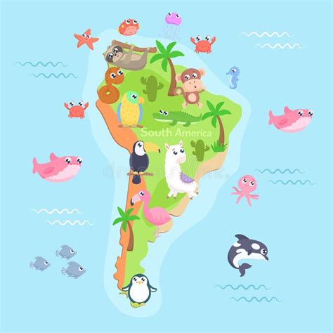 Map of South America with Cartoon Animals for Kids. Stock Illustration - Illustration of monkey ...