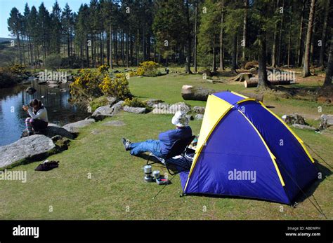 Camping on Dartmoor, Bellever Forset next to the river Dart, Devon, Britain Stock Photo - Alamy