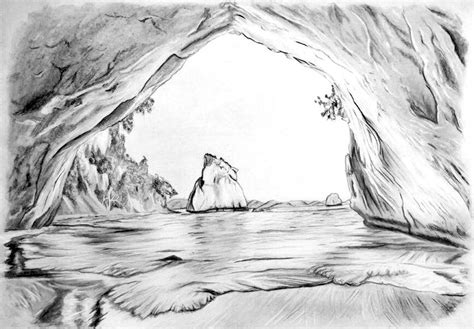 Drawing Cathedral Cave, Cathedral Cove, New Zealand, Art, Pencil on ...