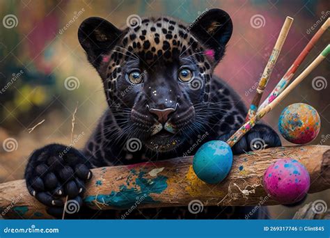 Adorable Young Panther Cub Enjoying a Creative Easter Holiday Stock ...