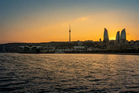 Night View of Baku with the Flame Towers Skyscrapers Stock Photo ...