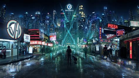 artwork, city, lights, futuristic city, John Wick , neon, cyan ...