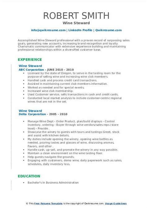 Wine Steward Resume Samples | QwikResume