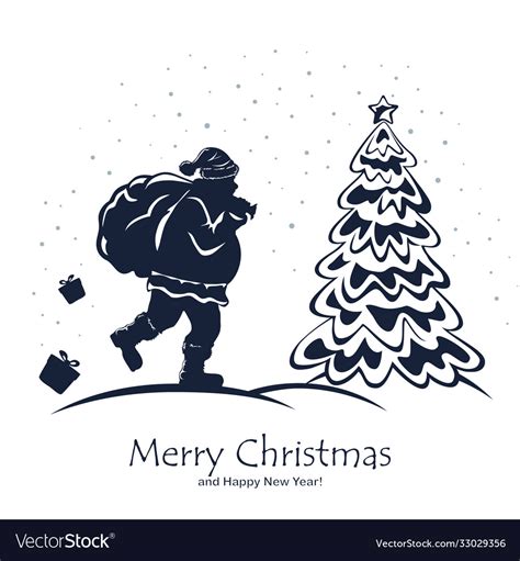 Silhouette santa and christmas tree Royalty Free Vector