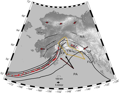 Tectonic map of Alaska. Thin black lines denote major faults, while the ...