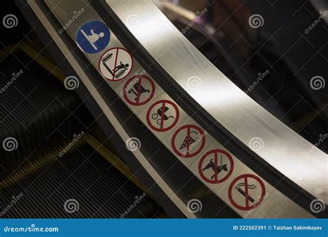 Warning Signs on Escalator , Close Up Stock Image - Image of close ...