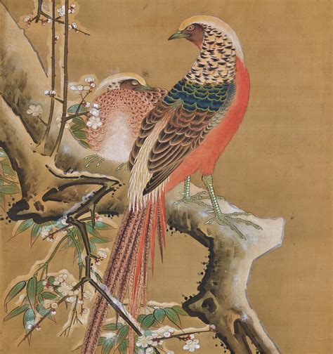 19th Century Japanese Silk Painting. Pheasants & Plum in Snow.