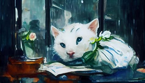 Premium AI Image | Painting of a white cat in a dress sitting on a ...