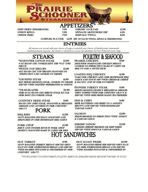 Menus - Prairie Schooner Steak House